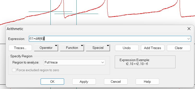 A screenshot of the Arithmetic box of Clampfit showing the formula t11=diff(t6) inserted into the expression field.