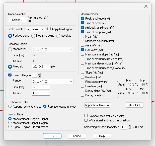 A screenshot of the Statistics box of Clampfit showing the correct options to select.