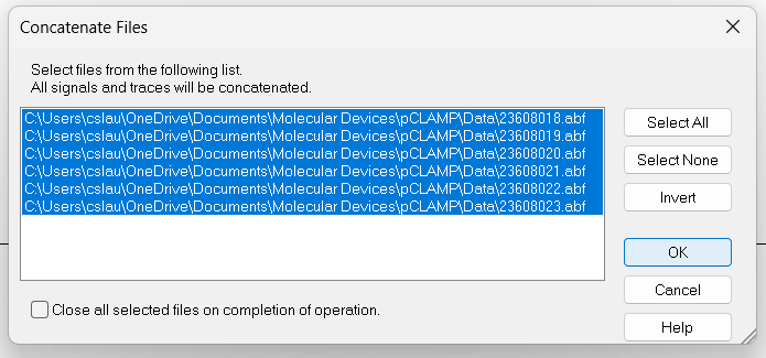 A screenshot of the Concatenate files dialog box in Clampfit showing that all files are selected.