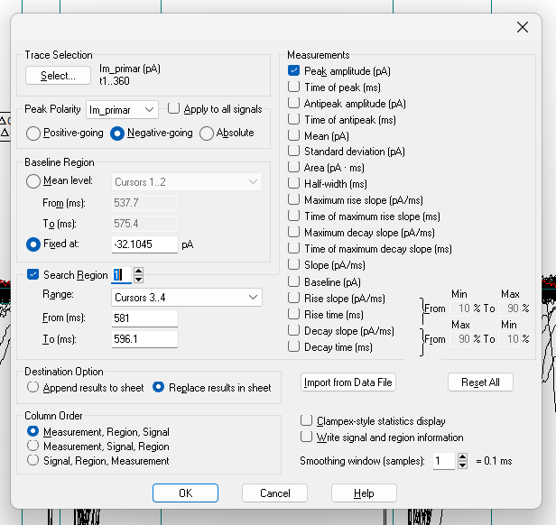 A screenshot of the correct statistics options selected in Clampfit.