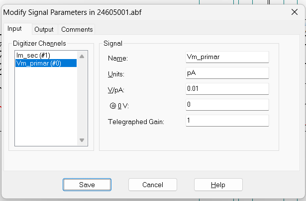 A screenshot of a dialog box in Clampfit with an option to change the V/pA ratio to 0.01.