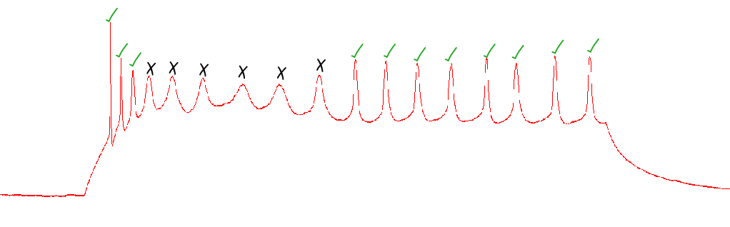 A screenshot of a recording in Clampfit showing wavy action potentials. Valid action potentials are indicated with check marks