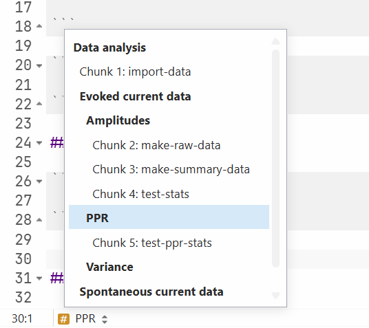 A screenshot of the Outline Tool available in the bottom-left corner of the Source pane. It features the headers that were listed with hashtags in the document and chunk names.