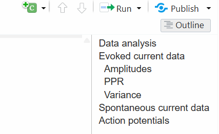 A screenshot of the Outline Tool available in the upper-right corner of the Source pane. It features the headers that were listed with hashtags in the document.